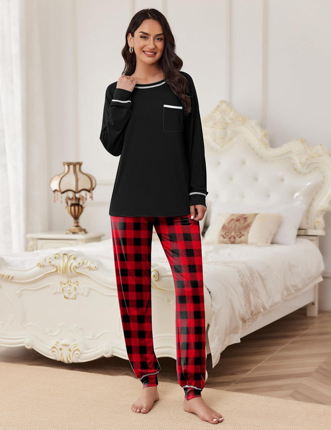 imageEkouaer Pajamas Set for Women Soft Comfy Pjs Sets Long Sleeve Sleepwear Loungewear SXXLBlack Plaid