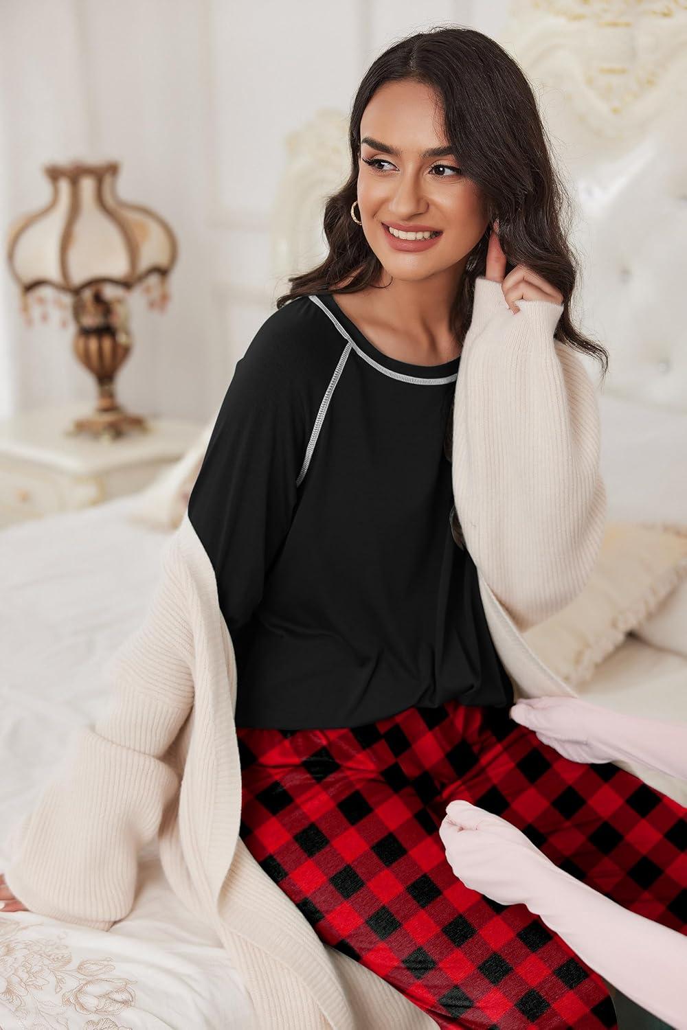 imageEkouaer Pajamas Set for Women Soft Comfy Pjs Sets Long Sleeve Sleepwear Loungewear SXXLBlack Plaid