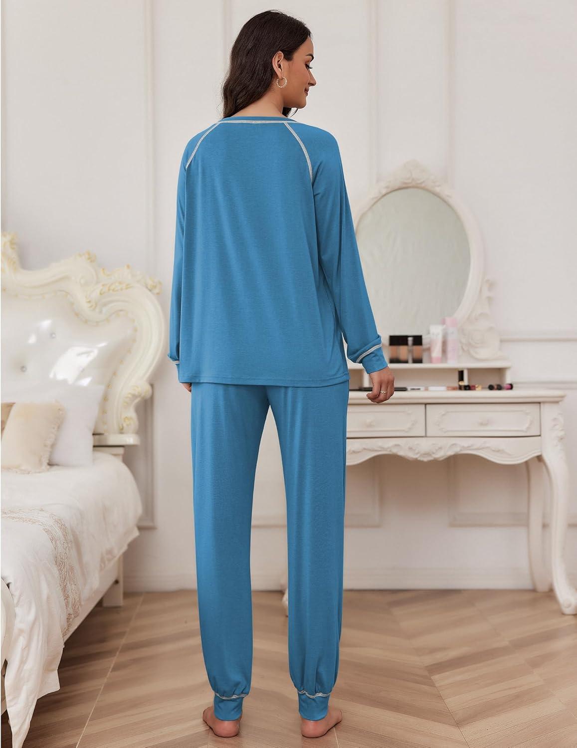 imageEkouaer Pajamas Set for Women Soft Comfy Pjs Sets Long Sleeve Sleepwear Loungewear SXXLBlue Green