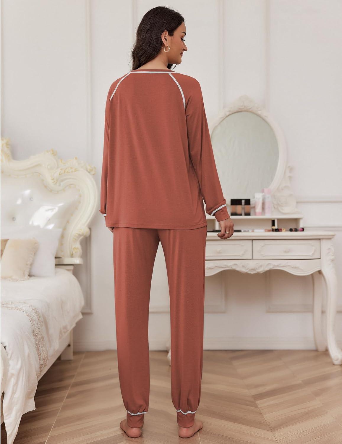 imageEkouaer Pajamas Set for Women Soft Comfy Pjs Sets Long Sleeve Sleepwear Loungewear SXXLBrown