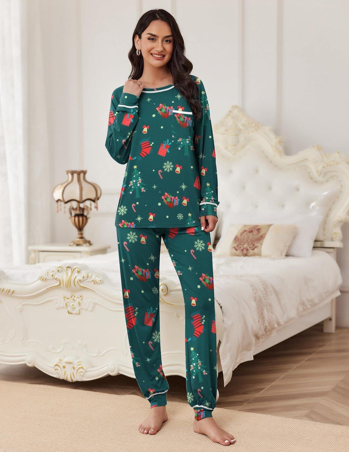 imageEkouaer Pajamas Set for Women Soft Comfy Pjs Sets Long Sleeve Sleepwear Loungewear SXXLChristmas Green