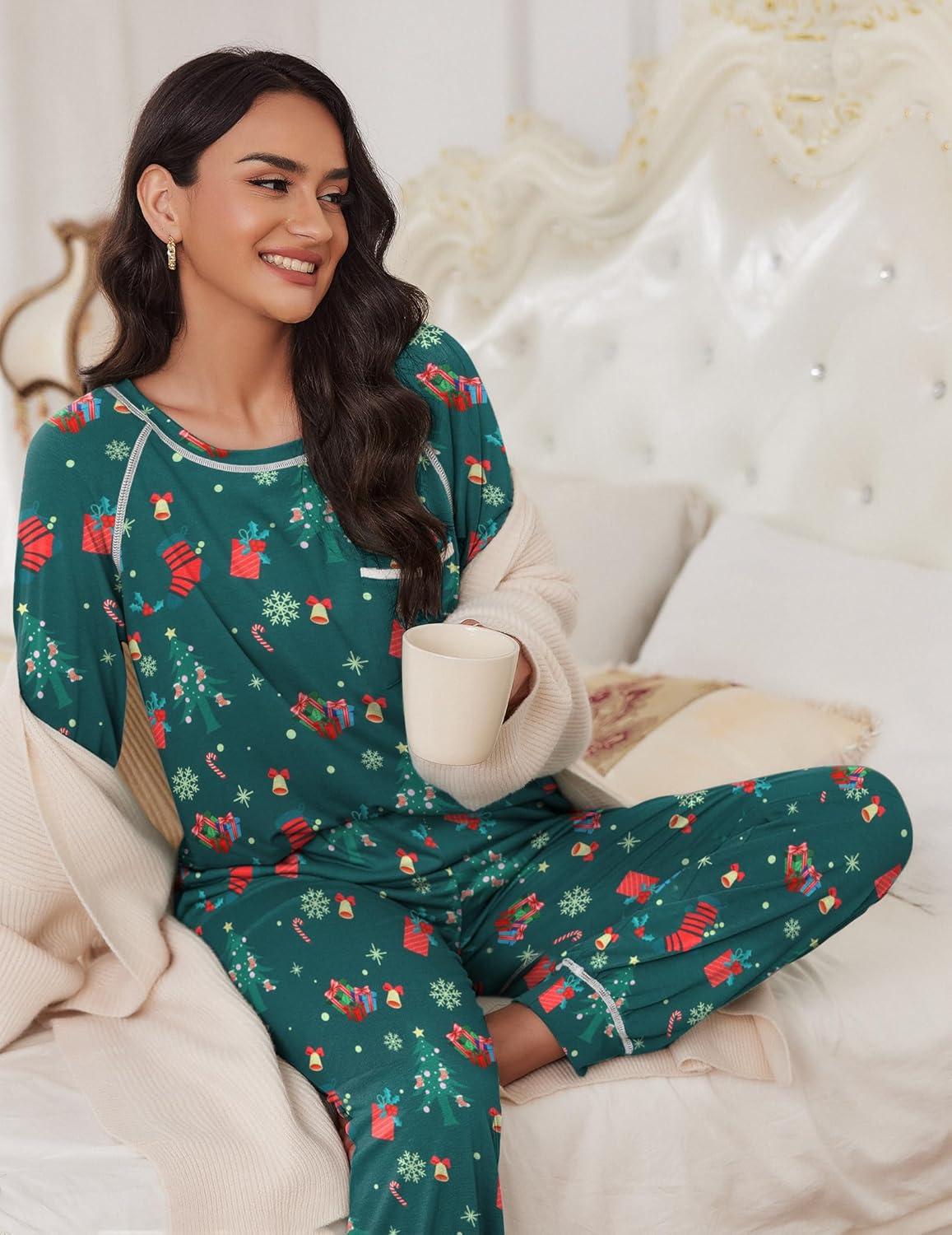 imageEkouaer Pajamas Set for Women Soft Comfy Pjs Sets Long Sleeve Sleepwear Loungewear SXXLChristmas Green