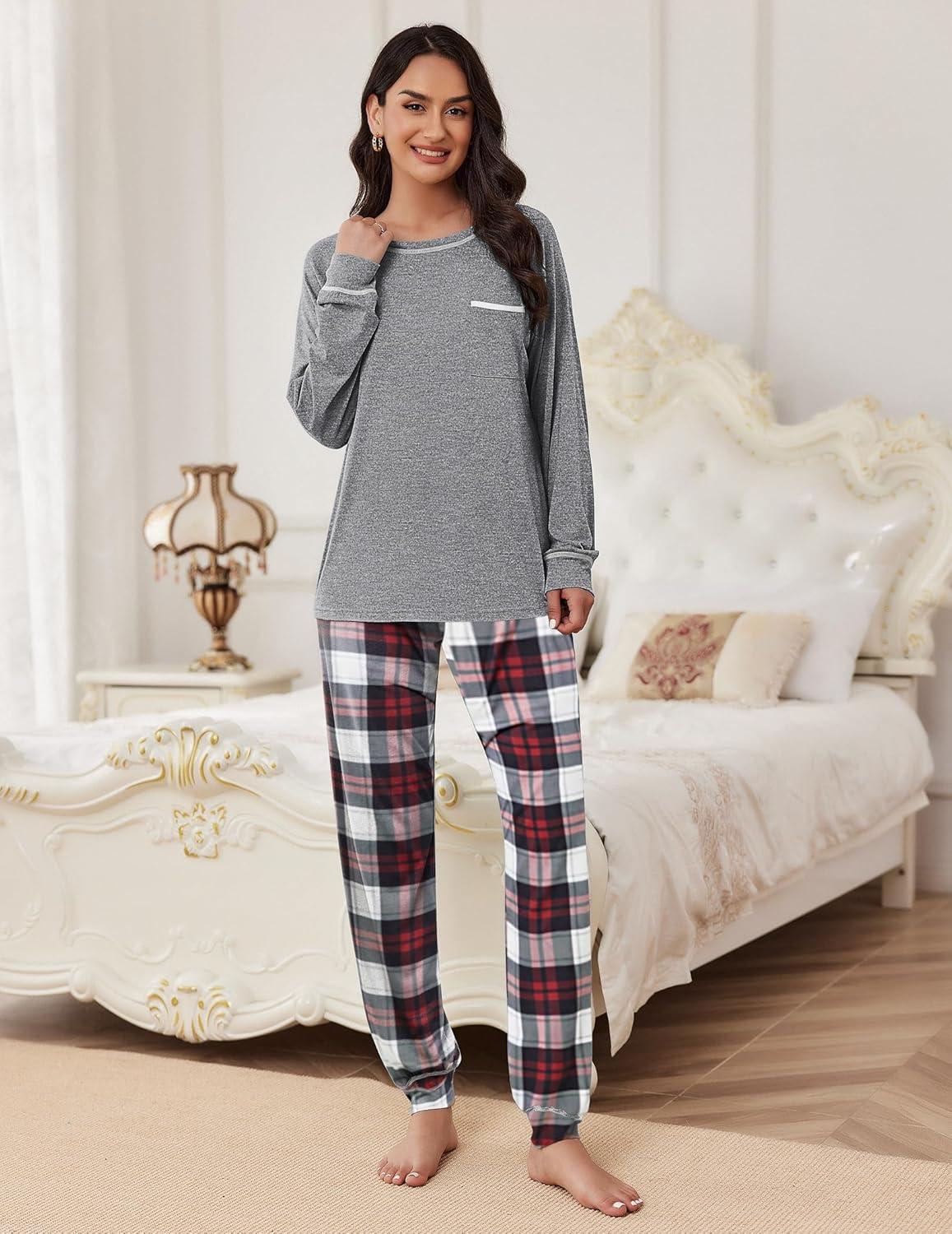 imageEkouaer Pajamas Set for Women Soft Comfy Pjs Sets Long Sleeve Sleepwear Loungewear SXXLGray Plaid