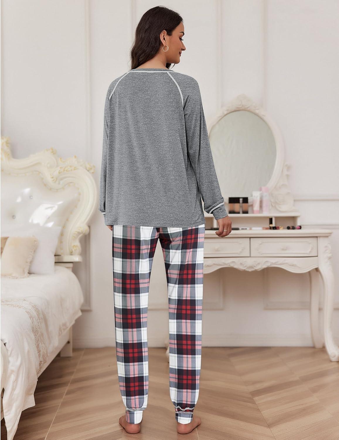 imageEkouaer Pajamas Set for Women Soft Comfy Pjs Sets Long Sleeve Sleepwear Loungewear SXXLGray Plaid
