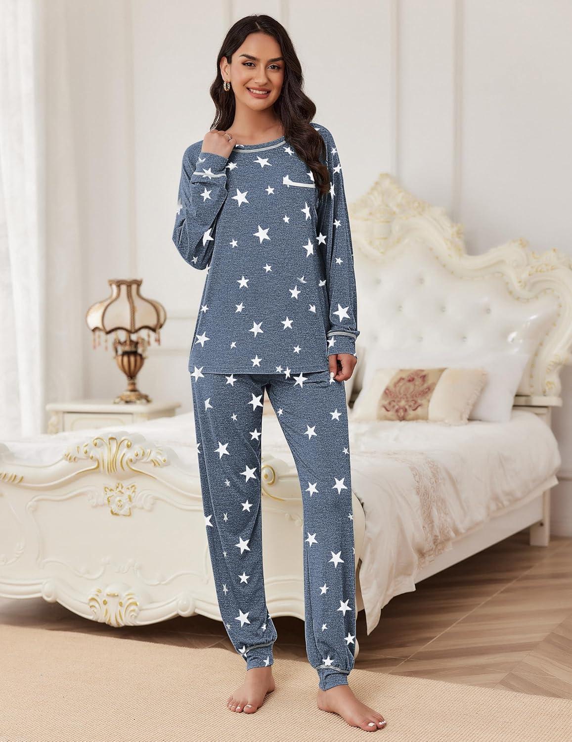 imageEkouaer Pajamas Set for Women Soft Comfy Pjs Sets Long Sleeve Sleepwear Loungewear SXXLGray White Star