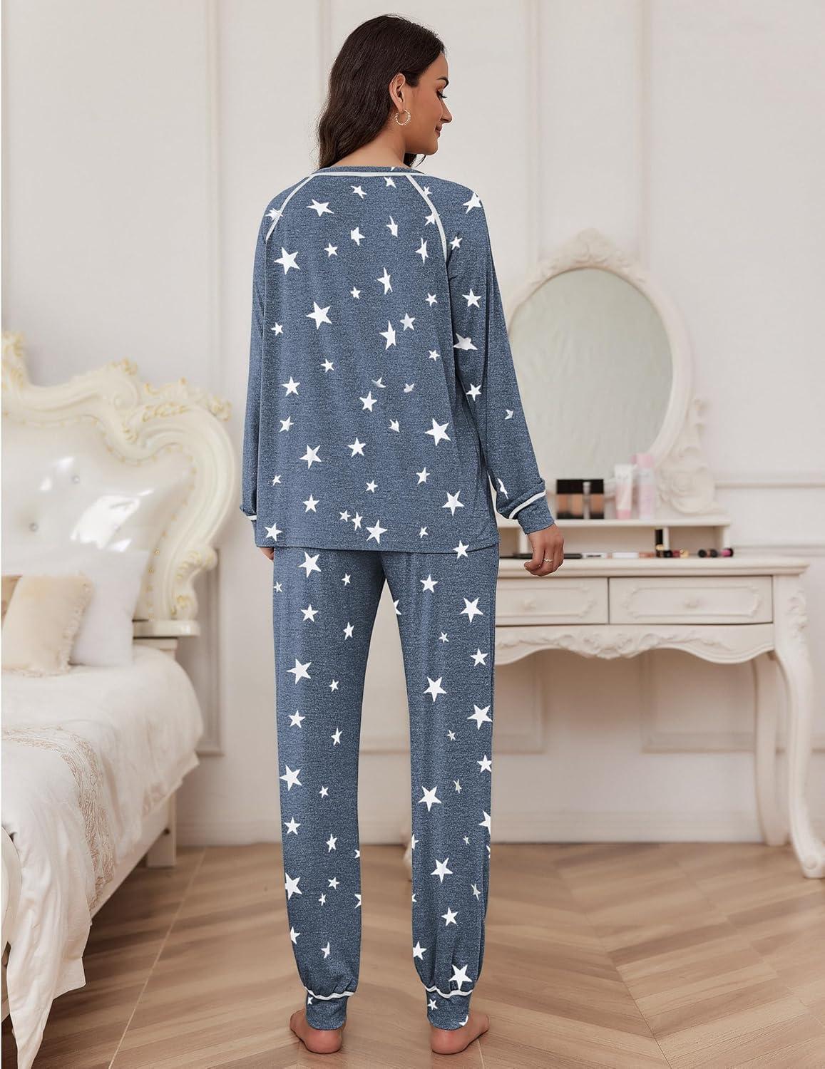 imageEkouaer Pajamas Set for Women Soft Comfy Pjs Sets Long Sleeve Sleepwear Loungewear SXXLGray White Star