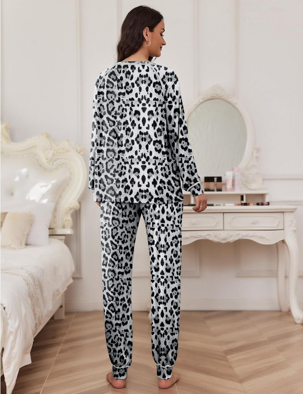imageEkouaer Pajamas Set for Women Soft Comfy Pjs Sets Long Sleeve Sleepwear Loungewear SXXLGrey Leopard