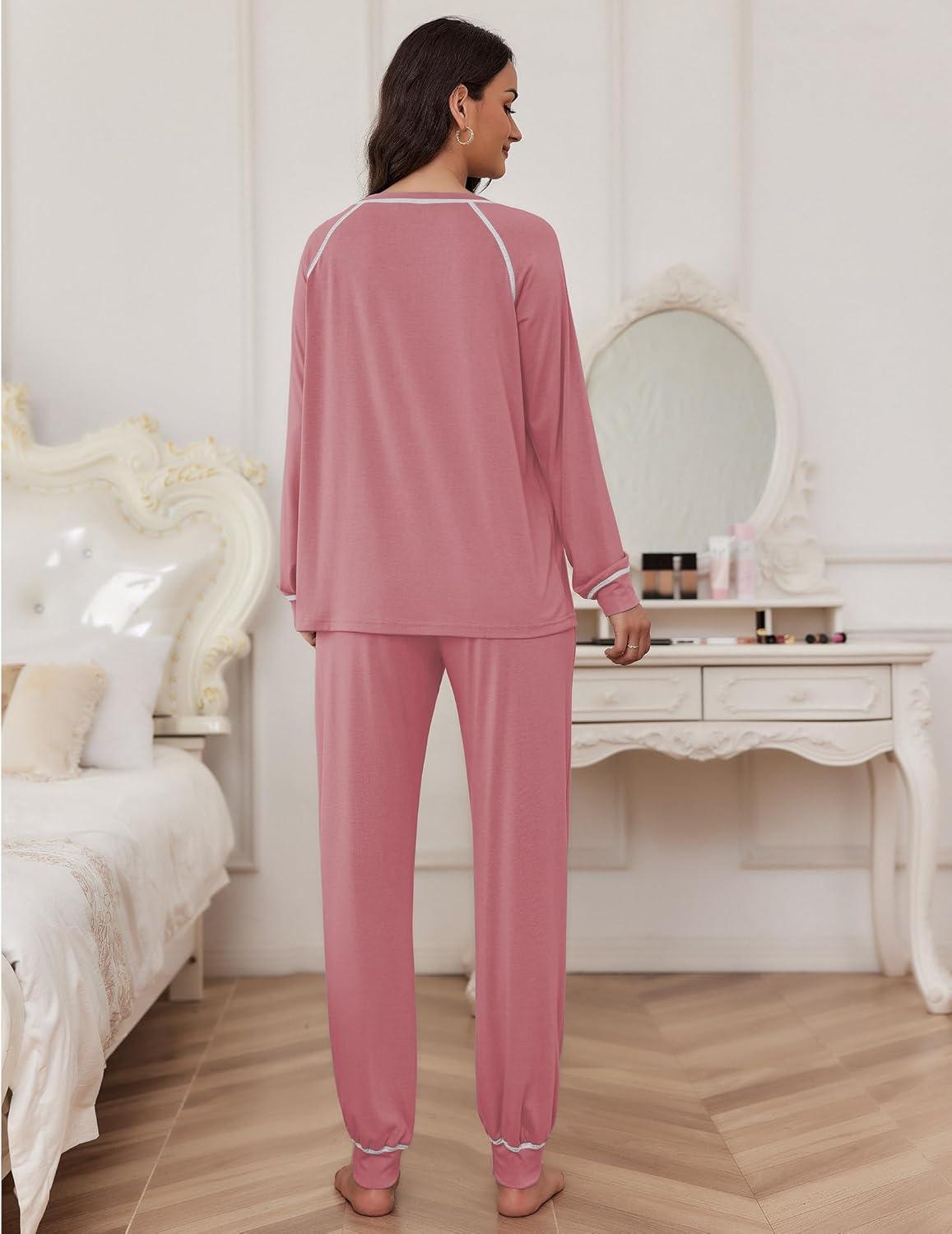 imageEkouaer Pajamas Set for Women Soft Comfy Pjs Sets Long Sleeve Sleepwear Loungewear SXXLOld Rose