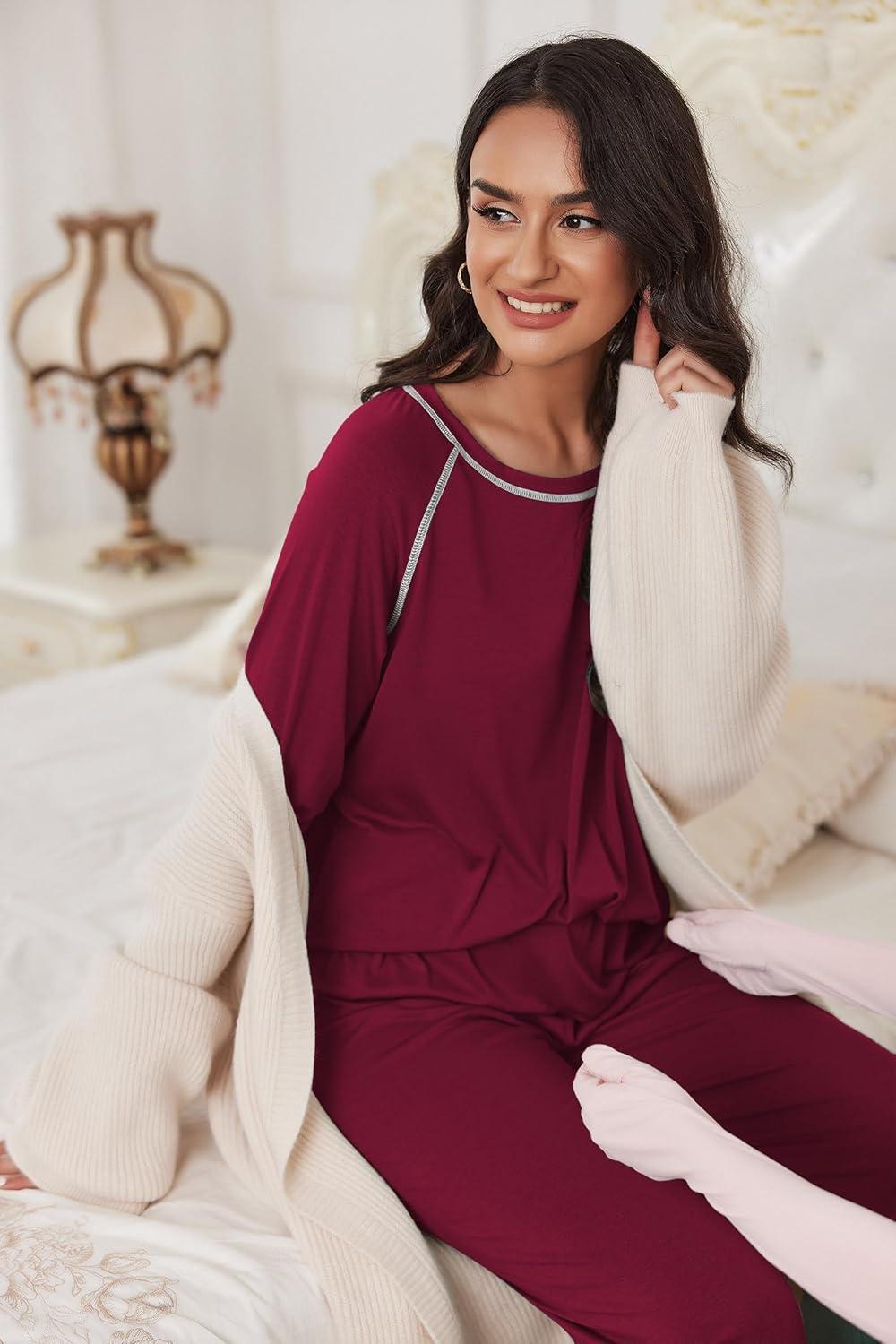 imageEkouaer Pajamas Set for Women Soft Comfy Pjs Sets Long Sleeve Sleepwear Loungewear SXXLWine Red