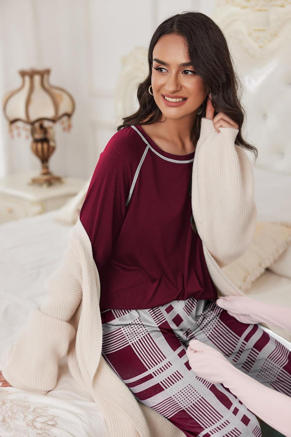 imageEkouaer Pajamas Set for Women Soft Comfy Pjs Sets Long Sleeve Sleepwear Loungewear SXXLWine Red Plaid