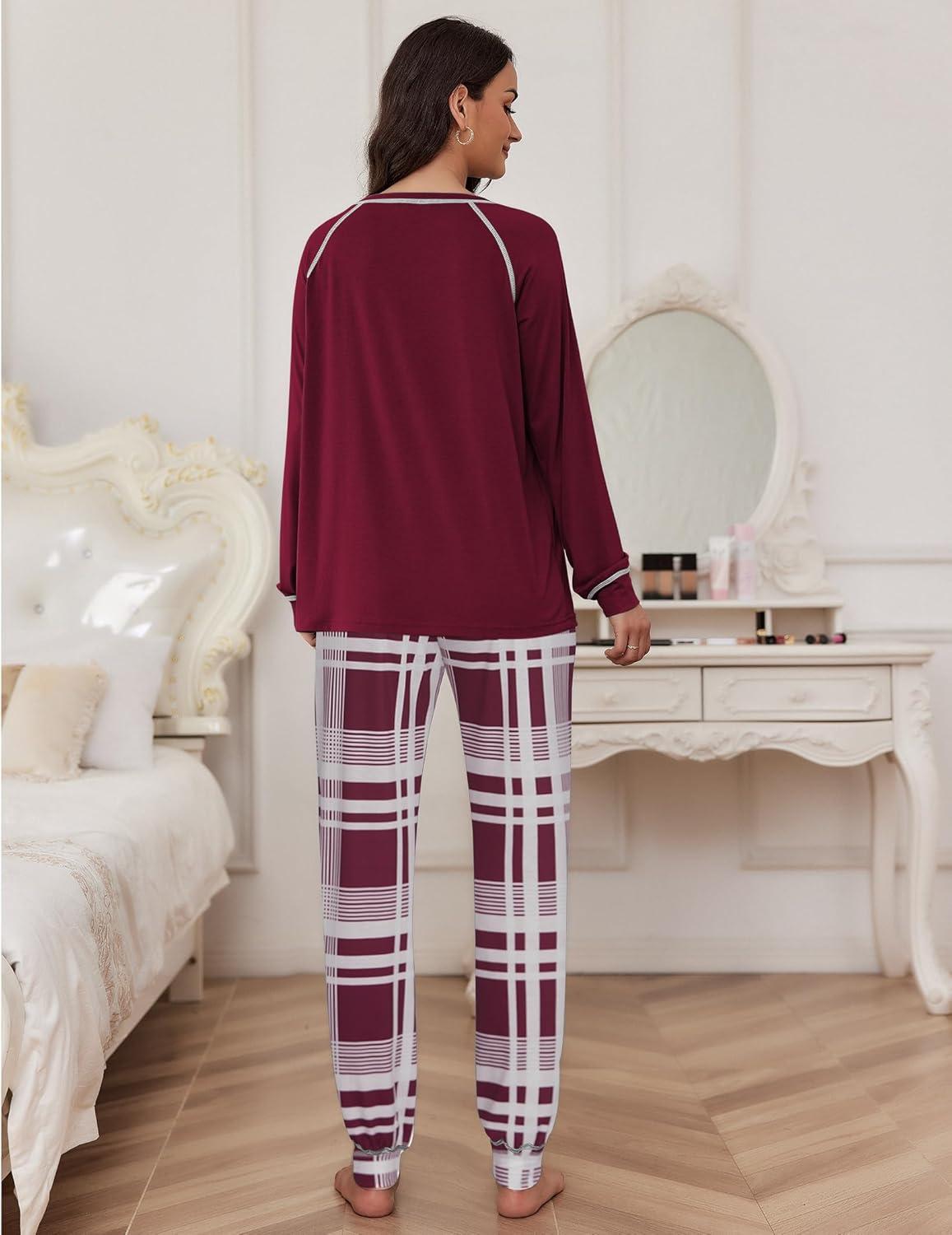 imageEkouaer Pajamas Set for Women Soft Comfy Pjs Sets Long Sleeve Sleepwear Loungewear SXXLWine Red Plaid