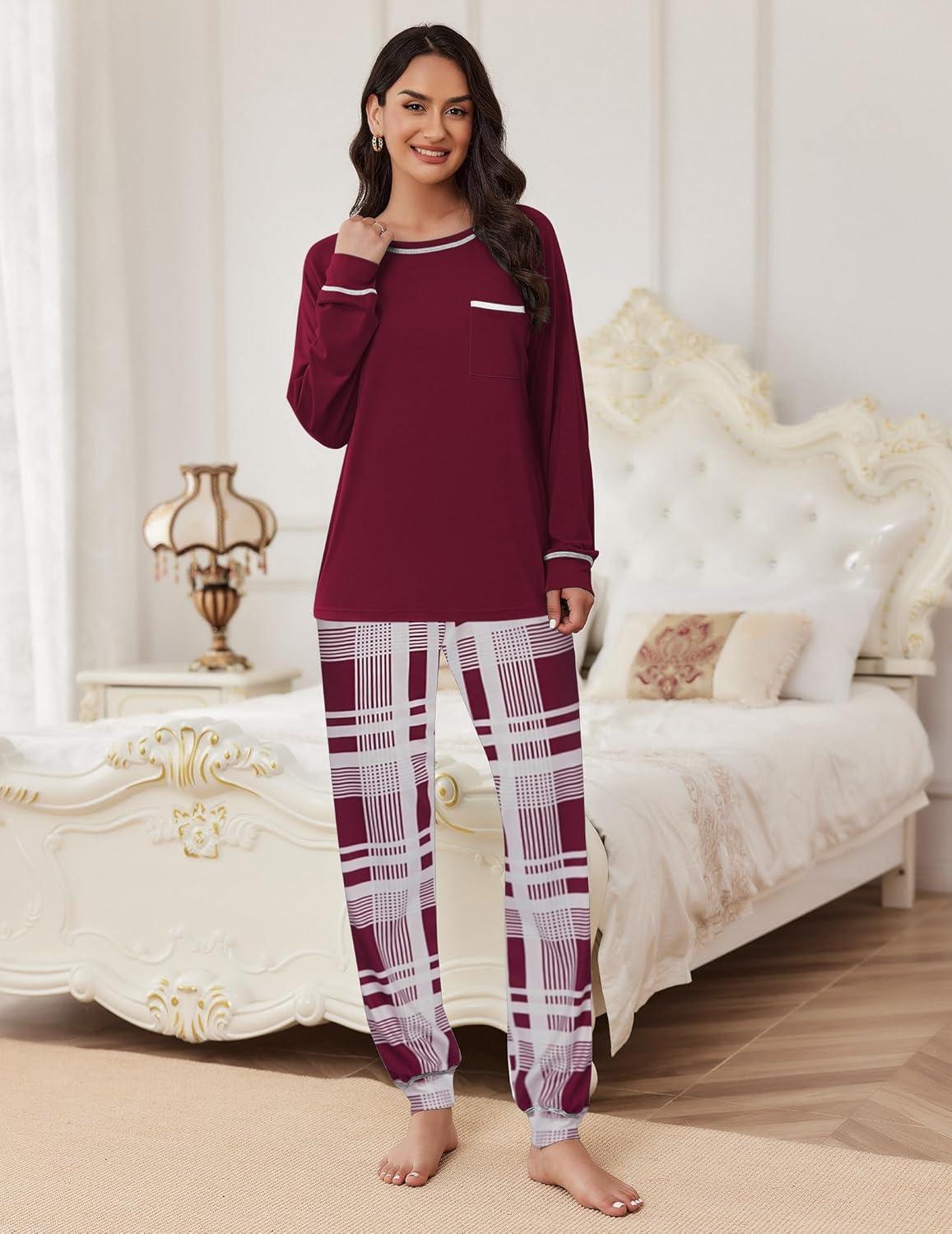 imageEkouaer Pajamas Set for Women Soft Comfy Pjs Sets Long Sleeve Sleepwear Loungewear SXXLWine Red Plaid