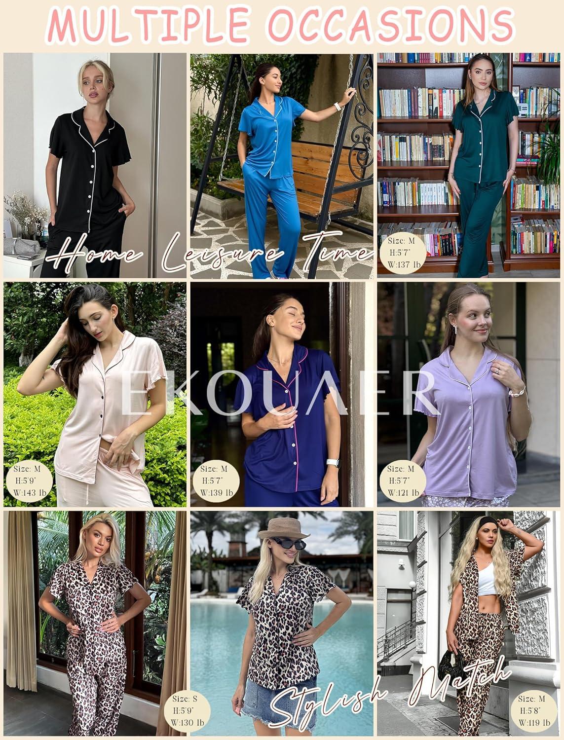 imageEkouaer Pajamas for Women Set Button Up Sleepwear Cute Pjs Ruffle Sleeve Notch Collar Loungewear with Long Pants SXXLPink Leopard Love