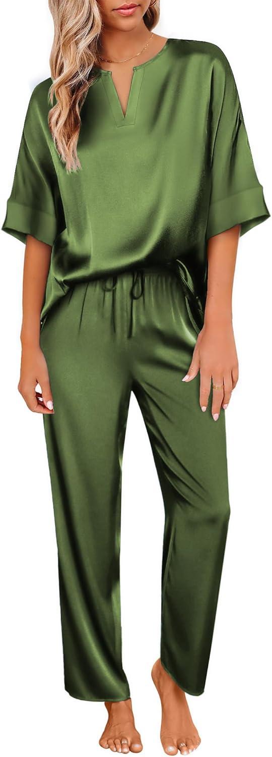imageEkouaer Satin Pajama Set Womens Silk Short Sleeve V Neck Shirt with Long Pant Soft Loungewear Pjs SetArmy Green
