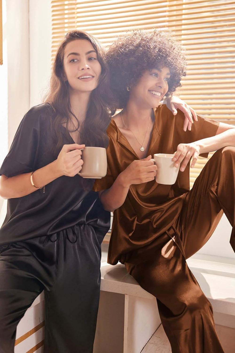 imageEkouaer Satin Pajama Set Womens Silk Short Sleeve V Neck Shirt with Long Pant Soft Loungewear Pjs SetBrown