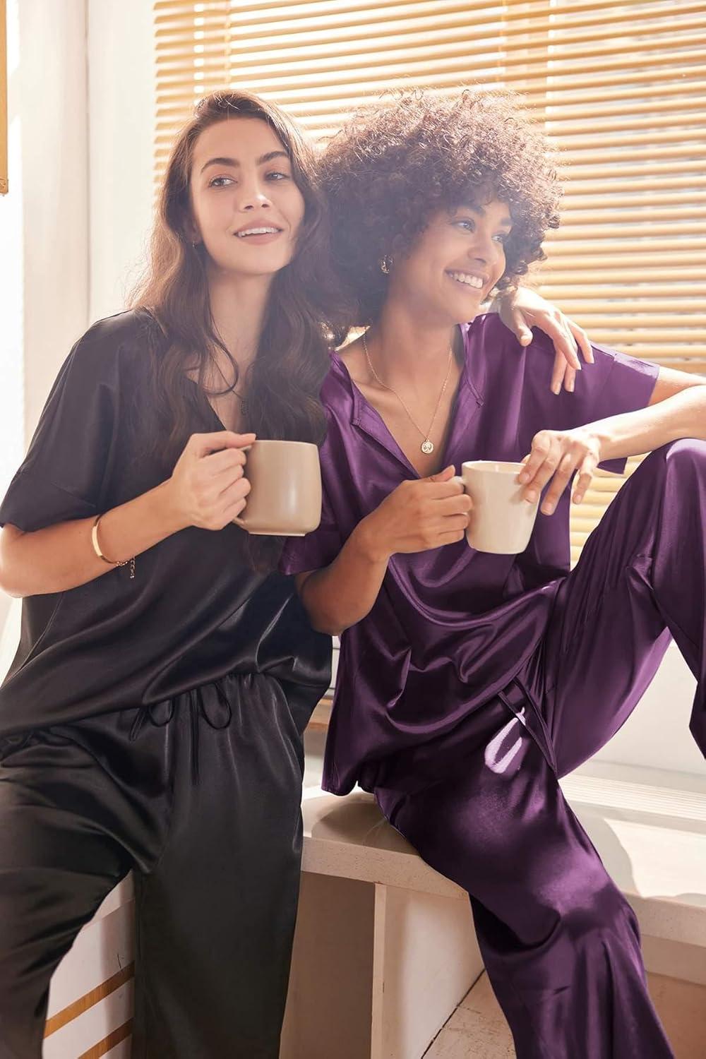 imageEkouaer Satin Pajama Set Womens Silk Short Sleeve V Neck Shirt with Long Pant Soft Loungewear Pjs SetDeep Purple