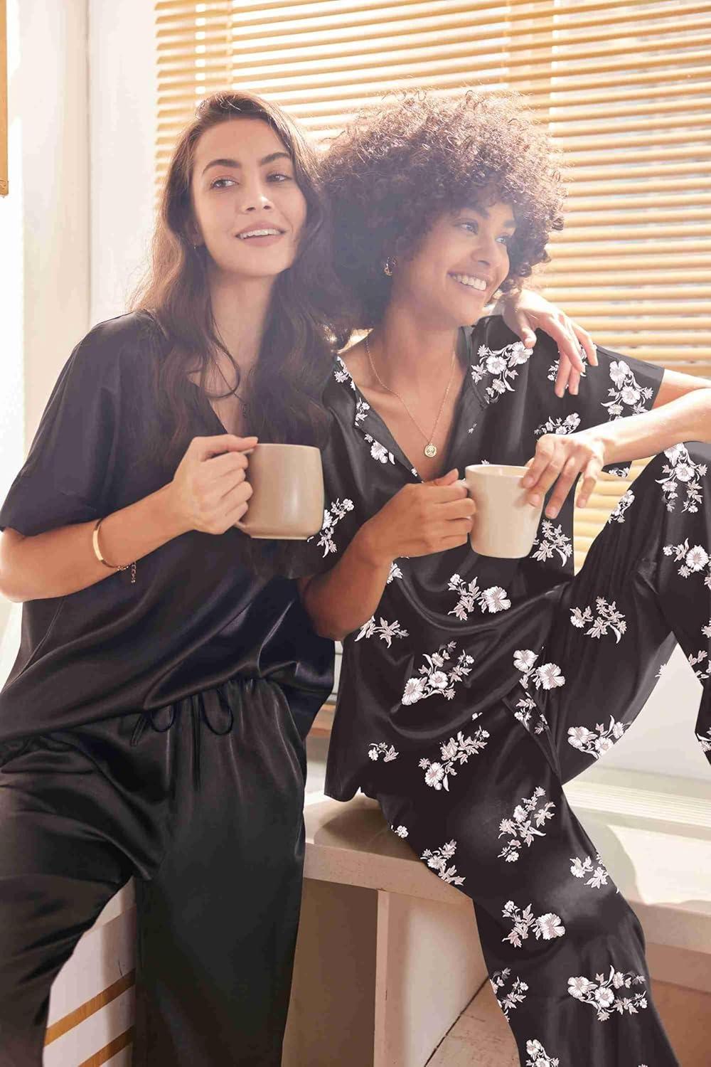 imageEkouaer Satin Pajama Set Womens Silk Short Sleeve V Neck Shirt with Long Pant Soft Loungewear Pjs SetFloral Black