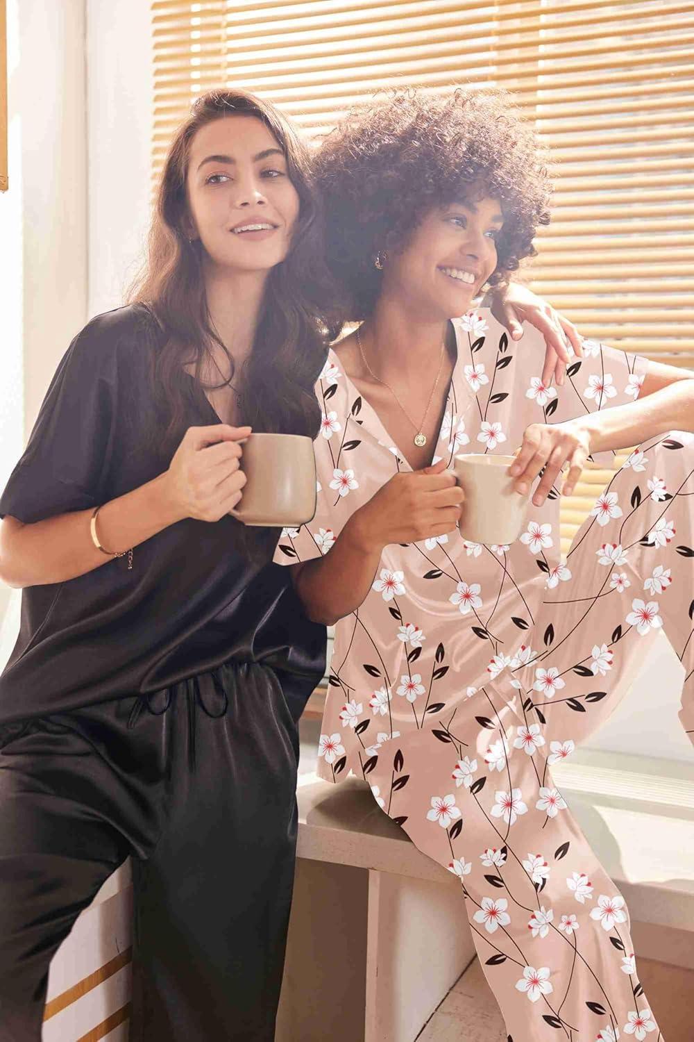 imageEkouaer Satin Pajama Set Womens Silk Short Sleeve V Neck Shirt with Long Pant Soft Loungewear Pjs SetFloral Khaki White