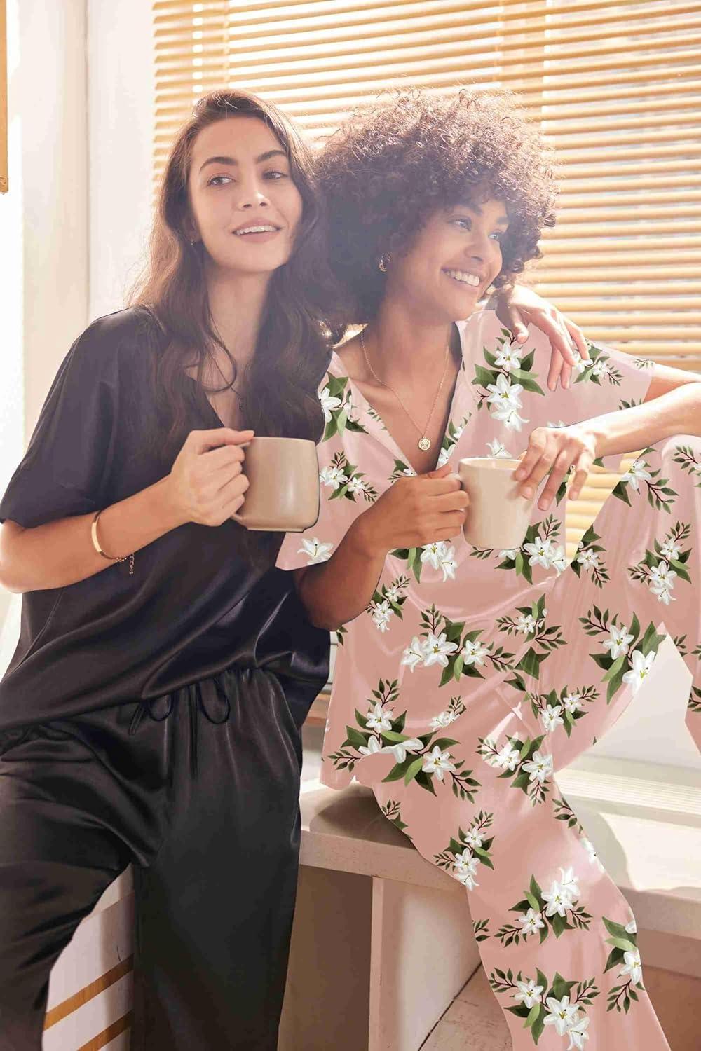 imageEkouaer Satin Pajama Set Womens Silk Short Sleeve V Neck Shirt with Long Pant Soft Loungewear Pjs SetFloral Pink