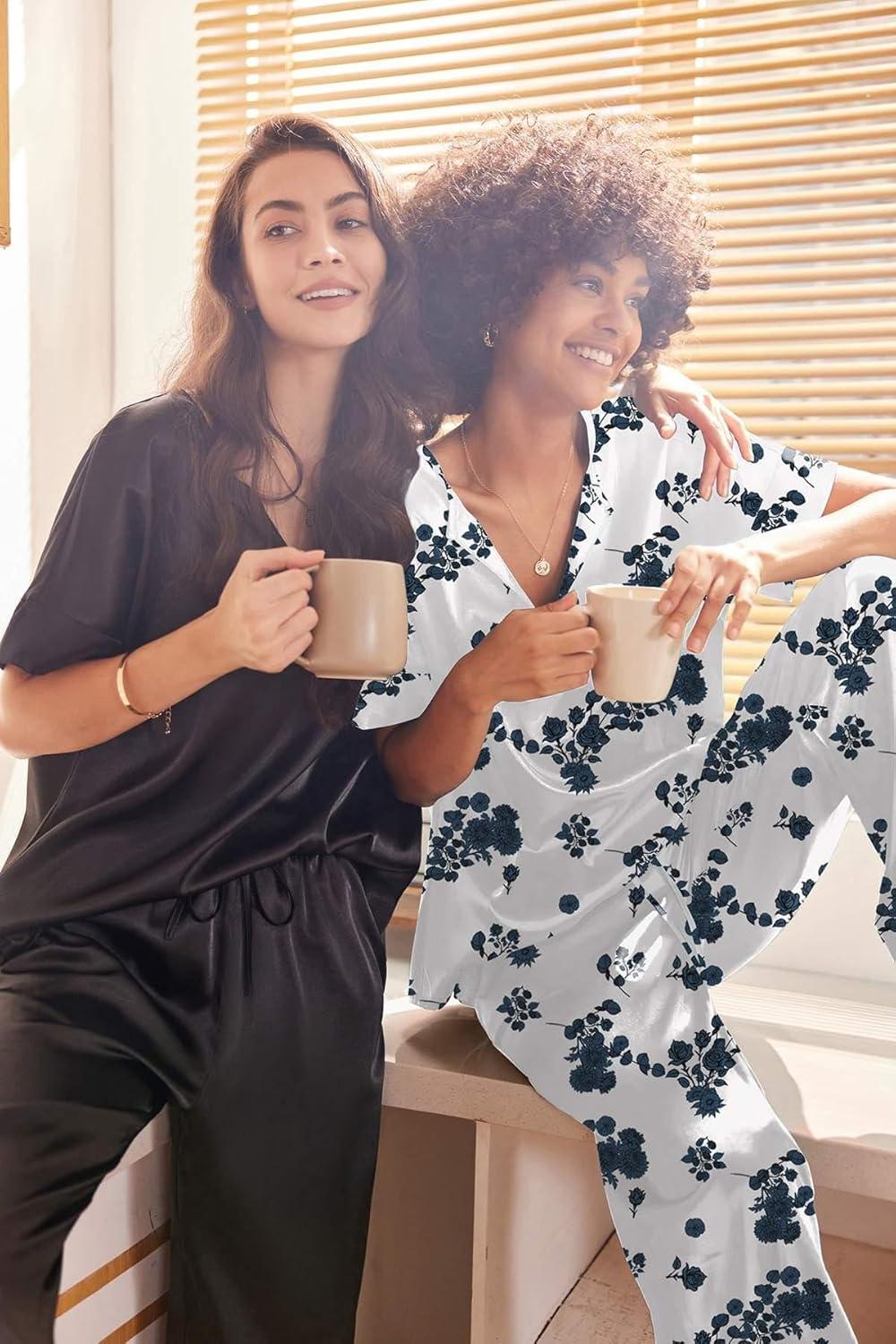 imageEkouaer Satin Pajama Set Womens Silk Short Sleeve V Neck Shirt with Long Pant Soft Loungewear Pjs SetFloral White