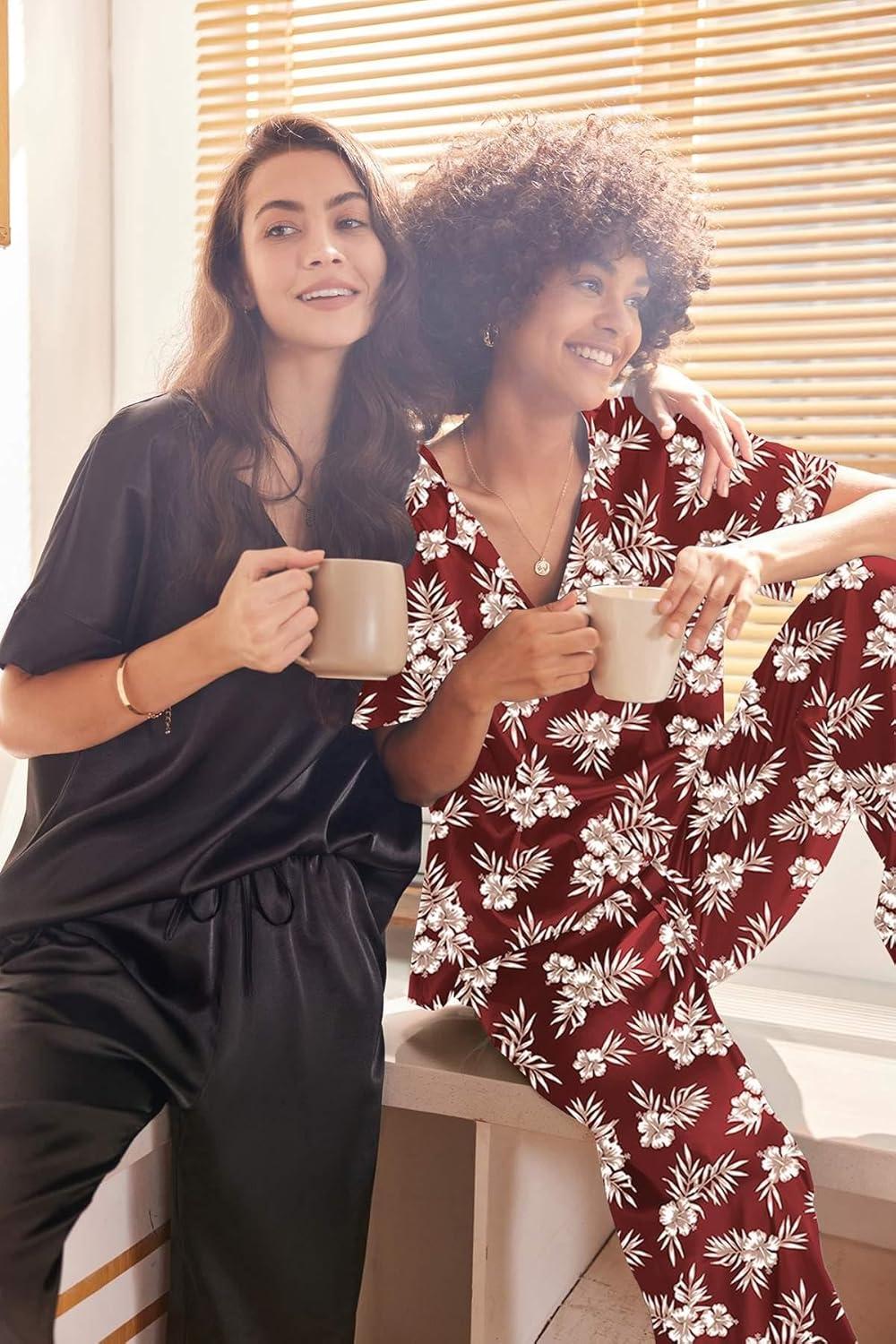 imageEkouaer Satin Pajama Set Womens Silk Short Sleeve V Neck Shirt with Long Pant Soft Loungewear Pjs SetFloral Wine Red