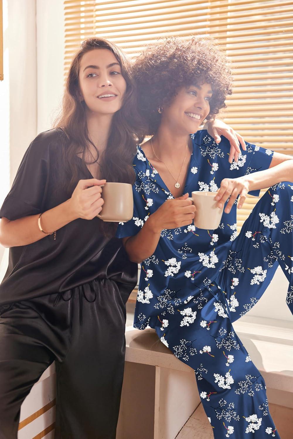 imageEkouaer Satin Pajama Set Womens Silk Short Sleeve V Neck Shirt with Long Pant Soft Loungewear Pjs SetFlower Navy Blue