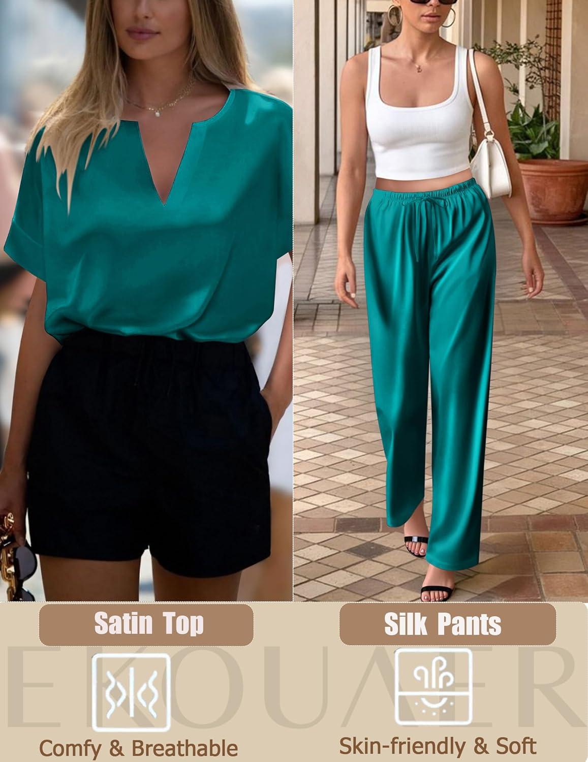 imageEkouaer Satin Pajama Set Womens Silk Short Sleeve V Neck Shirt with Long Pant Soft Loungewear Pjs SetGreen