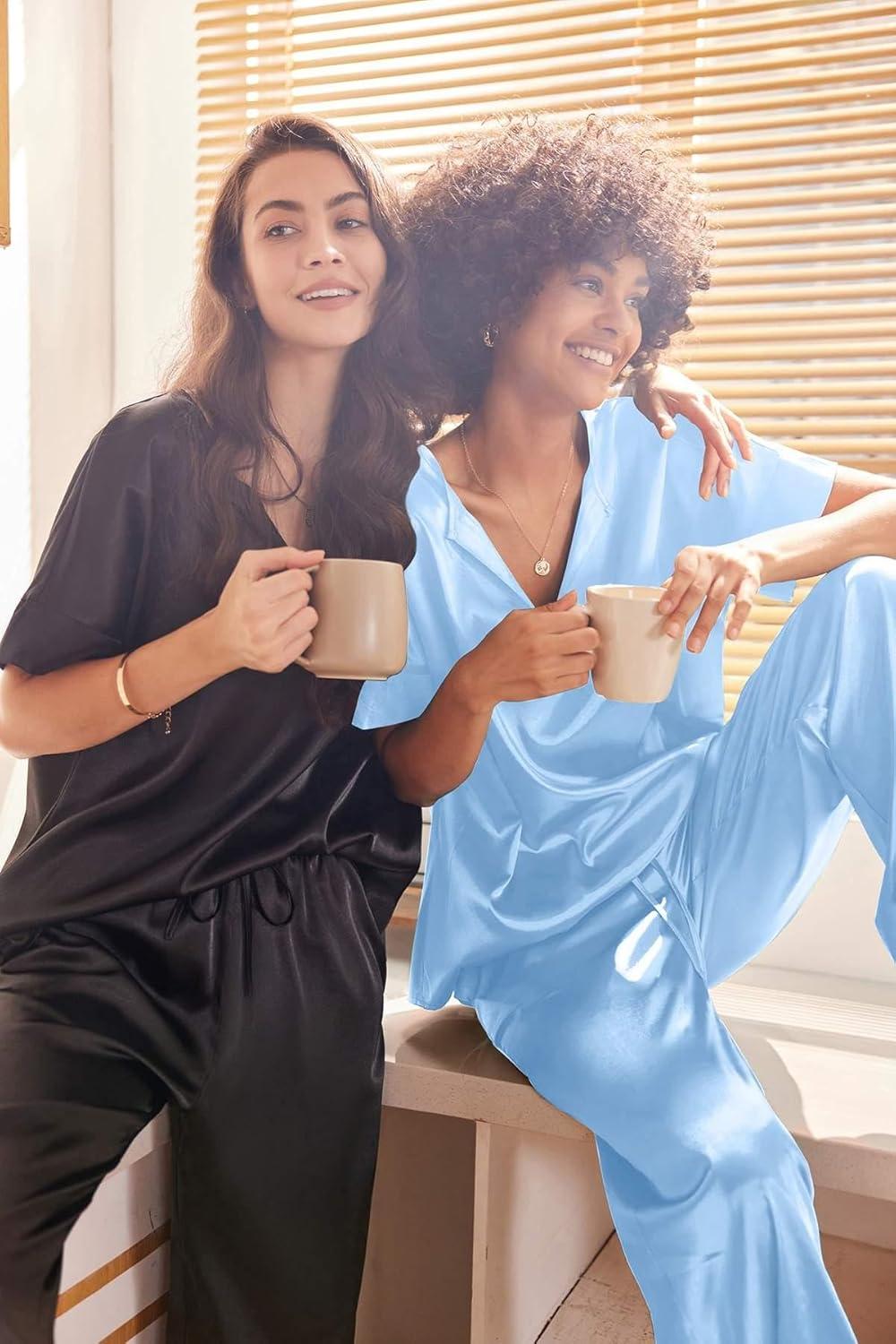 imageEkouaer Satin Pajama Set Womens Silk Short Sleeve V Neck Shirt with Long Pant Soft Loungewear Pjs SetLight Blue
