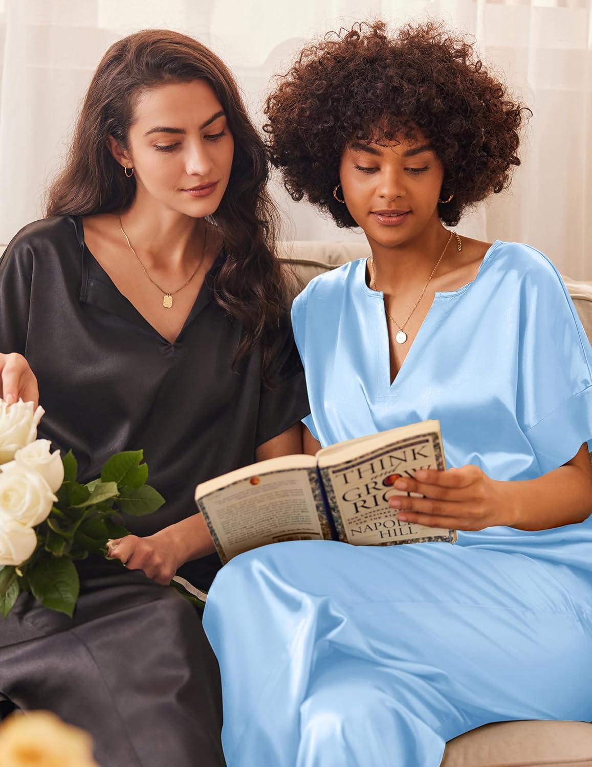 imageEkouaer Satin Pajama Set Womens Silk Short Sleeve V Neck Shirt with Long Pant Soft Loungewear Pjs SetLight Blue
