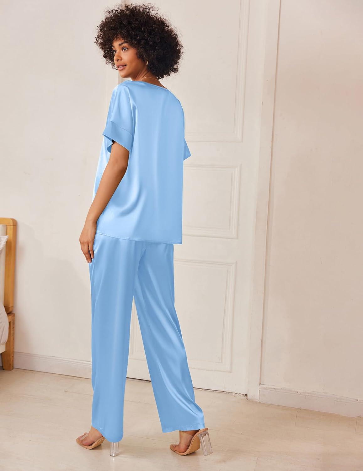 imageEkouaer Satin Pajama Set Womens Silk Short Sleeve V Neck Shirt with Long Pant Soft Loungewear Pjs SetLight Blue