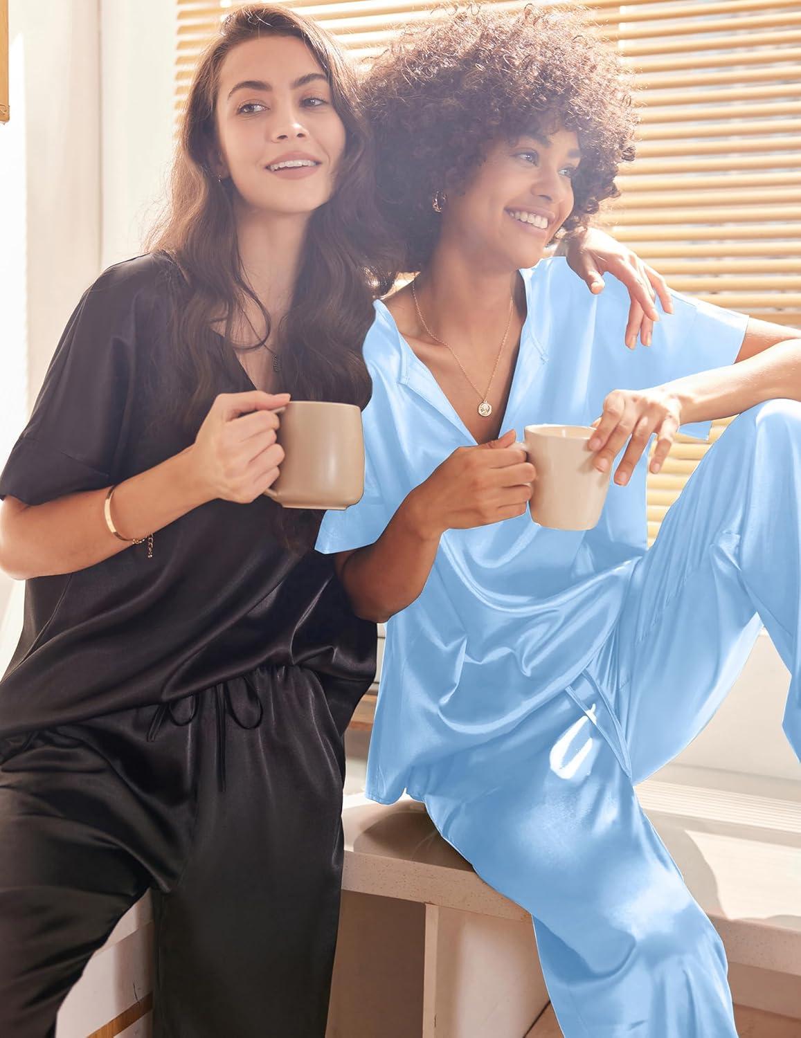 imageEkouaer Satin Pajama Set Womens Silk Short Sleeve V Neck Shirt with Long Pant Soft Loungewear Pjs SetLight Blue