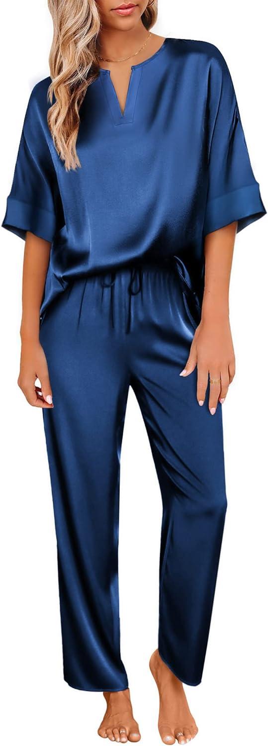 imageEkouaer Satin Pajama Set Womens Silk Short Sleeve V Neck Shirt with Long Pant Soft Loungewear Pjs SetNavy Blue