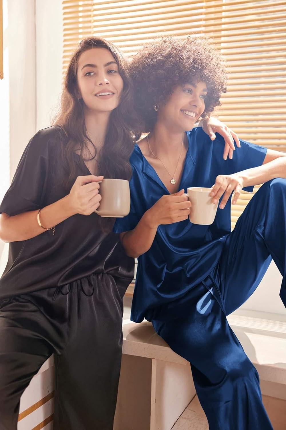 imageEkouaer Satin Pajama Set Womens Silk Short Sleeve V Neck Shirt with Long Pant Soft Loungewear Pjs SetNavy Blue
