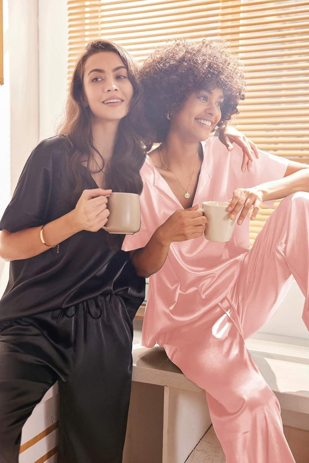 imageEkouaer Satin Pajama Set Womens Silk Short Sleeve V Neck Shirt with Long Pant Soft Loungewear Pjs SetPink