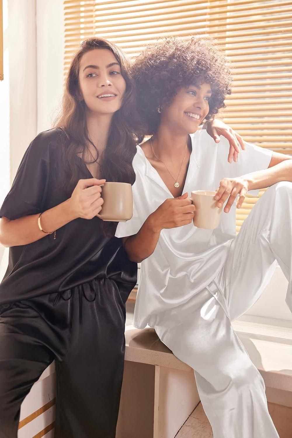 imageEkouaer Satin Pajama Set Womens Silk Short Sleeve V Neck Shirt with Long Pant Soft Loungewear Pjs SetWhite