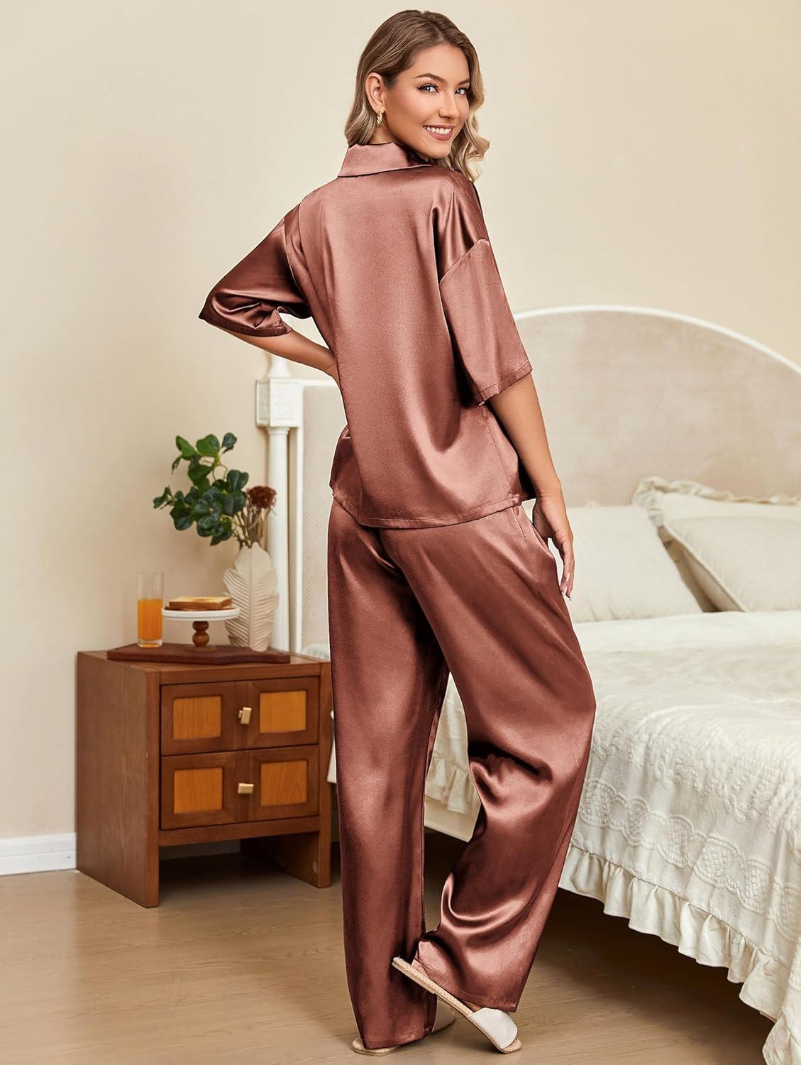 imageEkouaer Silk Satin Pajamas Set Women Short Sleeve Pj Sets Button Down Sleepwear 2 Piece Soft Loungewear SXXLCaramel