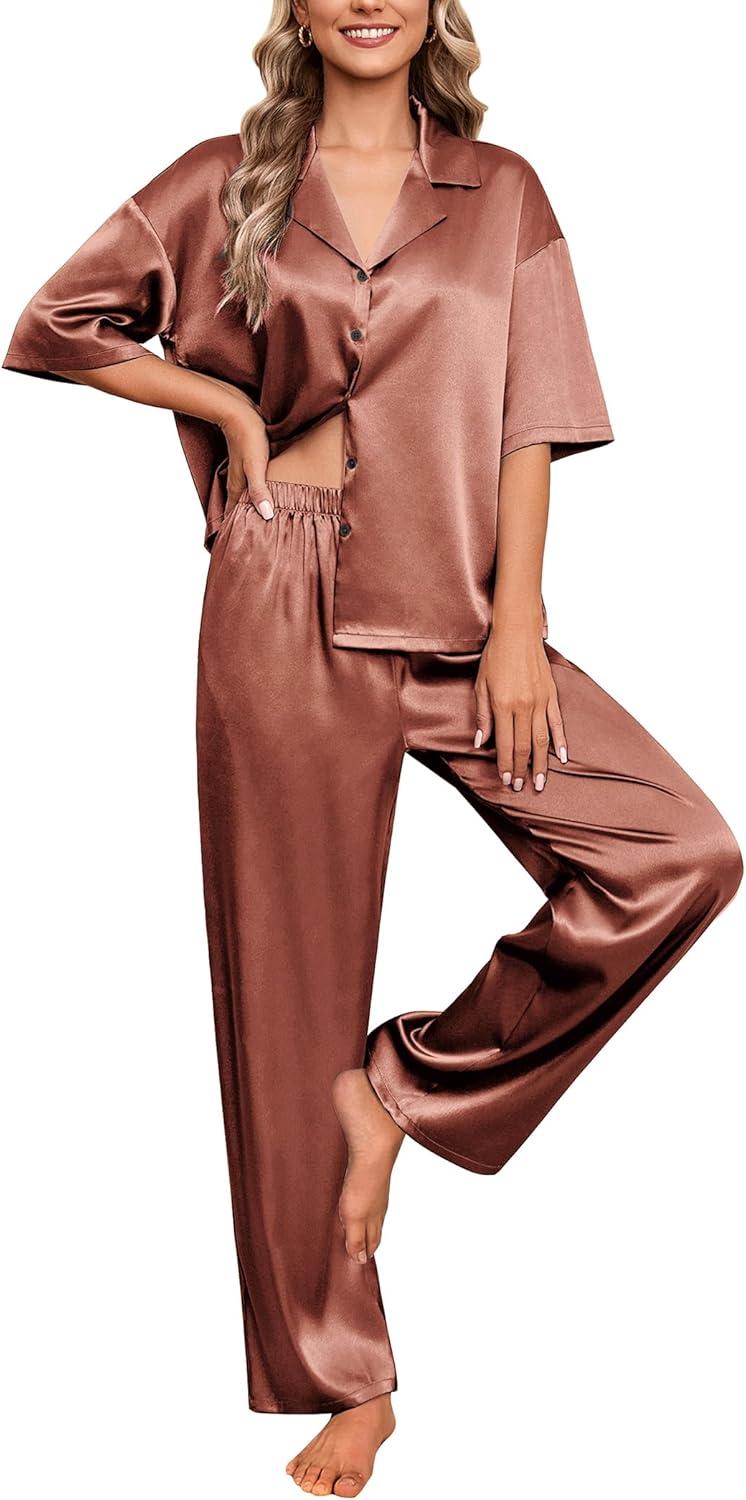 imageEkouaer Silk Satin Pajamas Set Women Short Sleeve Pj Sets Button Down Sleepwear 2 Piece Soft Loungewear SXXLCaramel