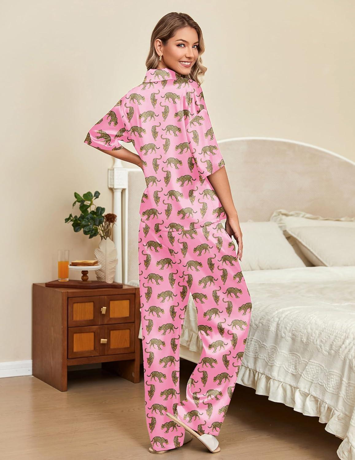 imageEkouaer Silk Satin Pajamas Set Women Short Sleeve Pj Sets Button Down Sleepwear 2 Piece Soft Loungewear SXXLPink Cheetah
