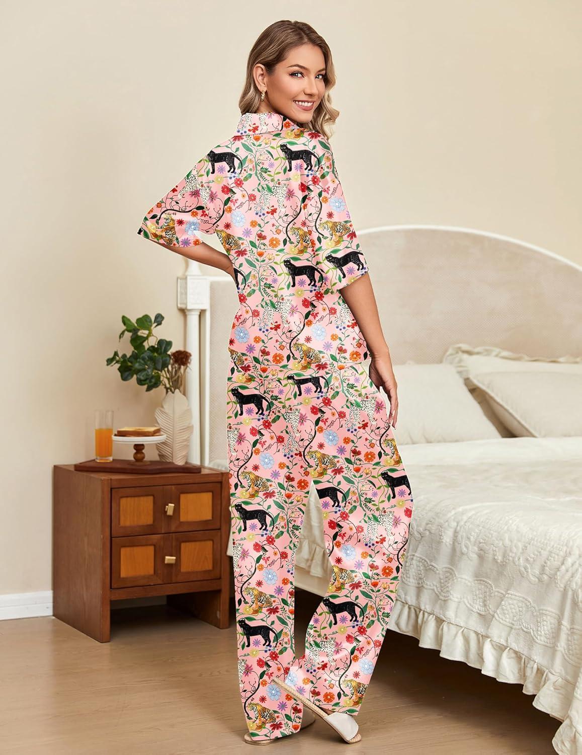 imageEkouaer Silk Satin Pajamas Set Women Short Sleeve Pj Sets Button Down Sleepwear 2 Piece Soft Loungewear SXXLPink Tiger