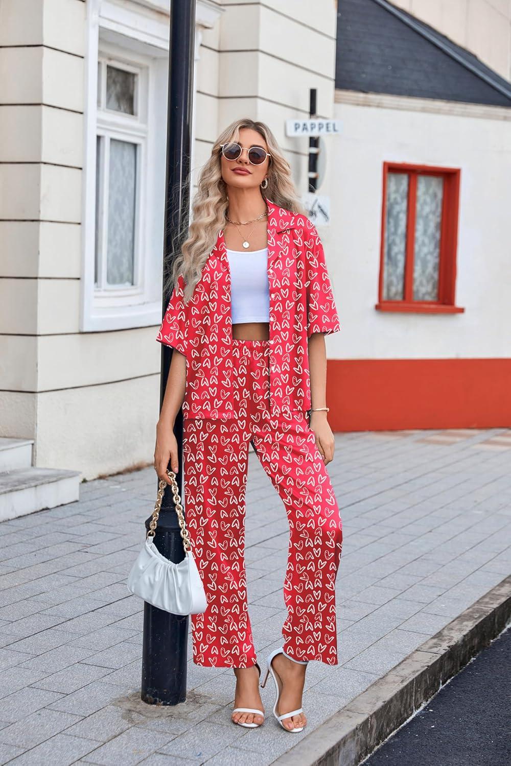 imageEkouaer Silk Satin Pajamas Set Women Short Sleeve Pj Sets Button Down Sleepwear 2 Piece Soft Loungewear SXXLRed Heart