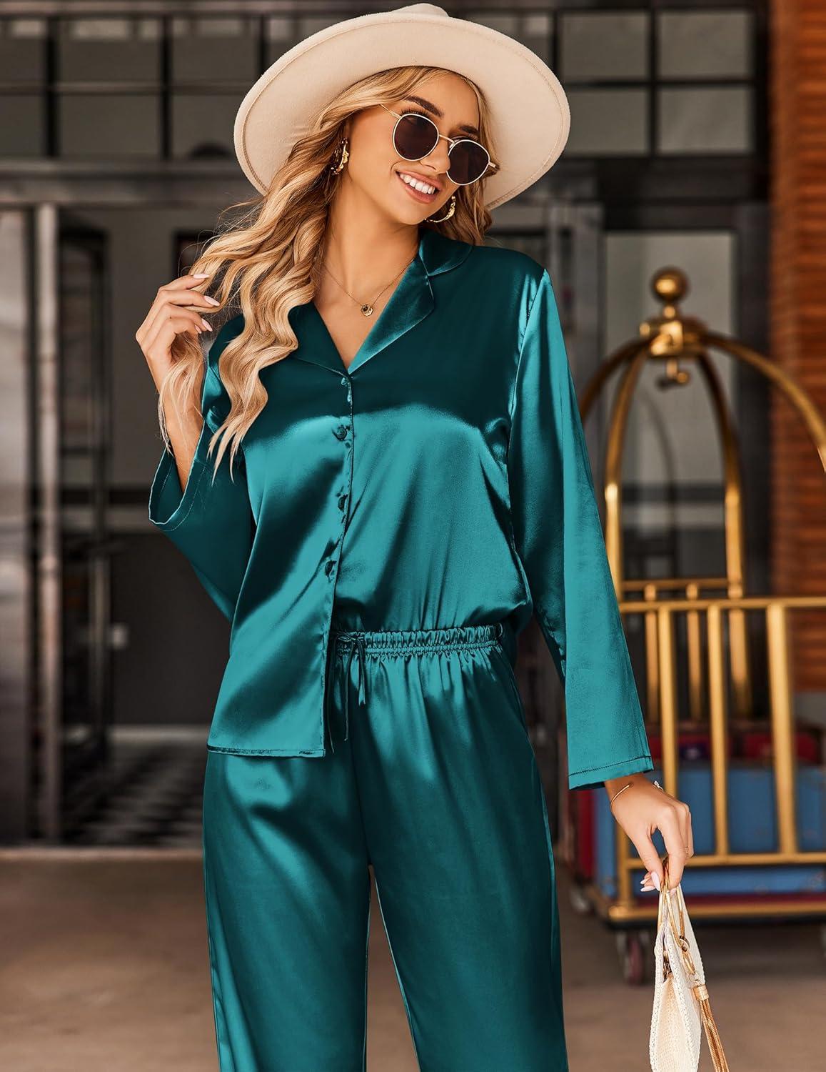 imageEkouaer Silk Satin Pajamas Set Womens Long Sleepwear Button Down 2 Piece Classic Soft Loungewear Pjs SetBlue Green