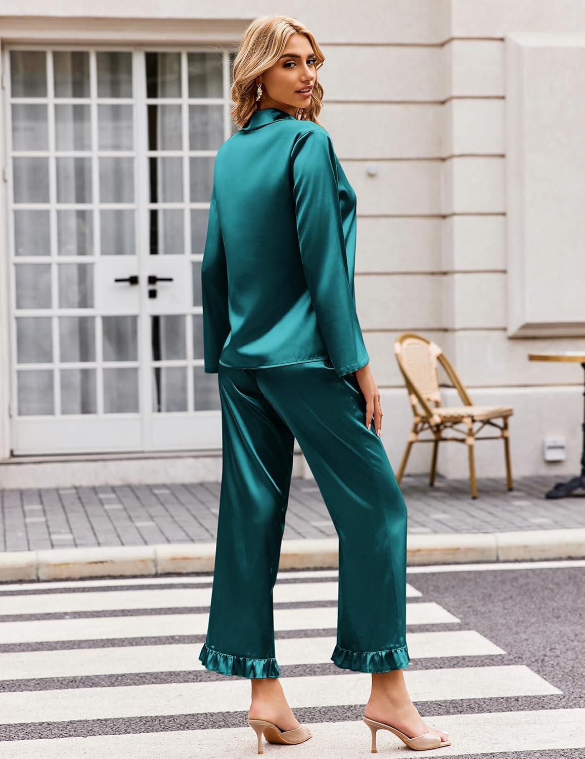 imageEkouaer Silk Satin Pajamas Set Womens Long Sleepwear Button Down 2 Piece Classic Soft Loungewear Pjs SetBlue Green