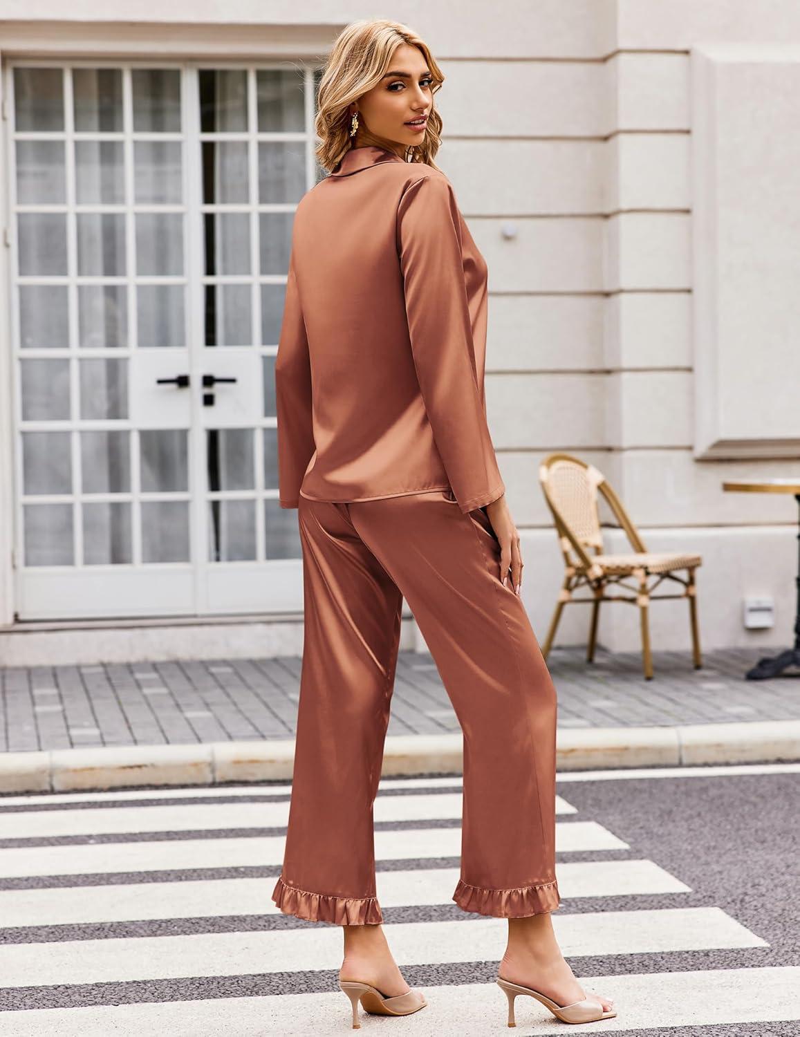 imageEkouaer Silk Satin Pajamas Set Womens Long Sleepwear Button Down 2 Piece Classic Soft Loungewear Pjs SetBrown