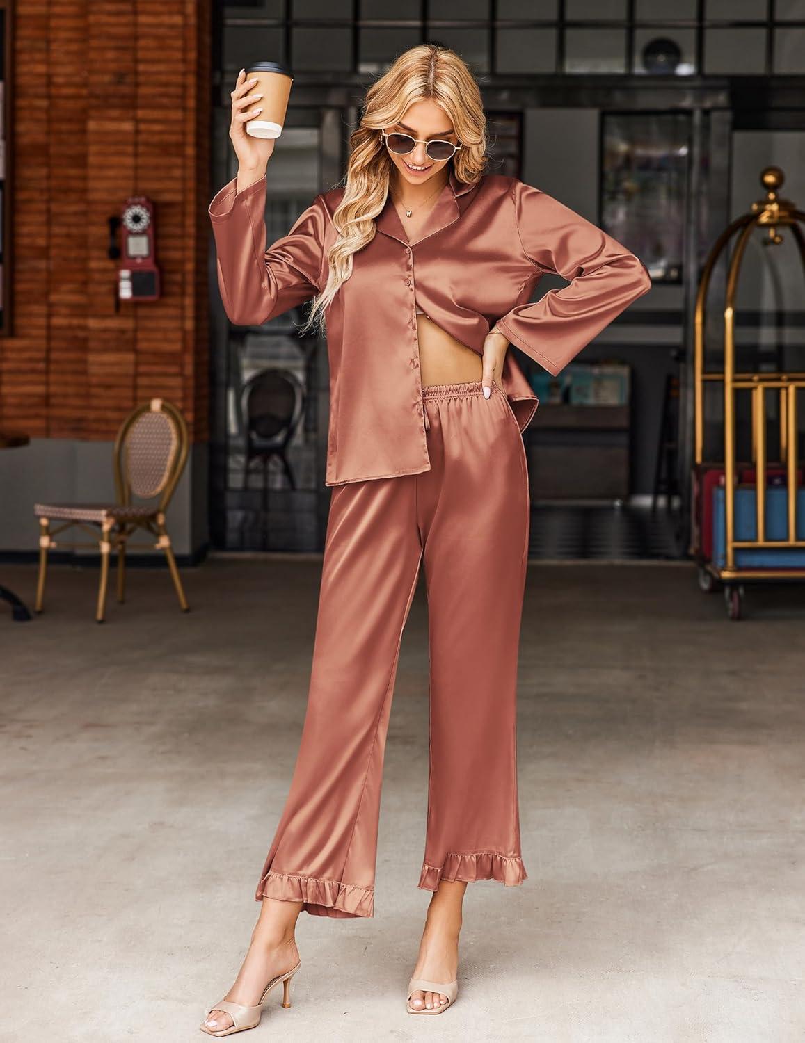 imageEkouaer Silk Satin Pajamas Set Womens Long Sleepwear Button Down 2 Piece Classic Soft Loungewear Pjs SetBrown