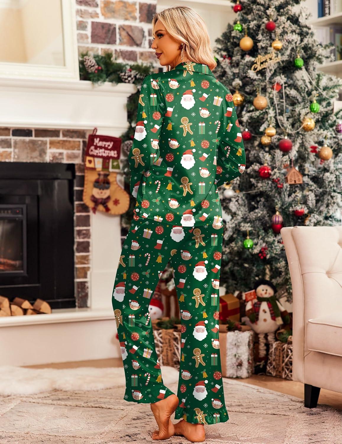 imageEkouaer Silk Satin Pajamas Set Womens Long Sleepwear Button Down 2 Piece Classic Soft Loungewear Pjs SetChristmas Green