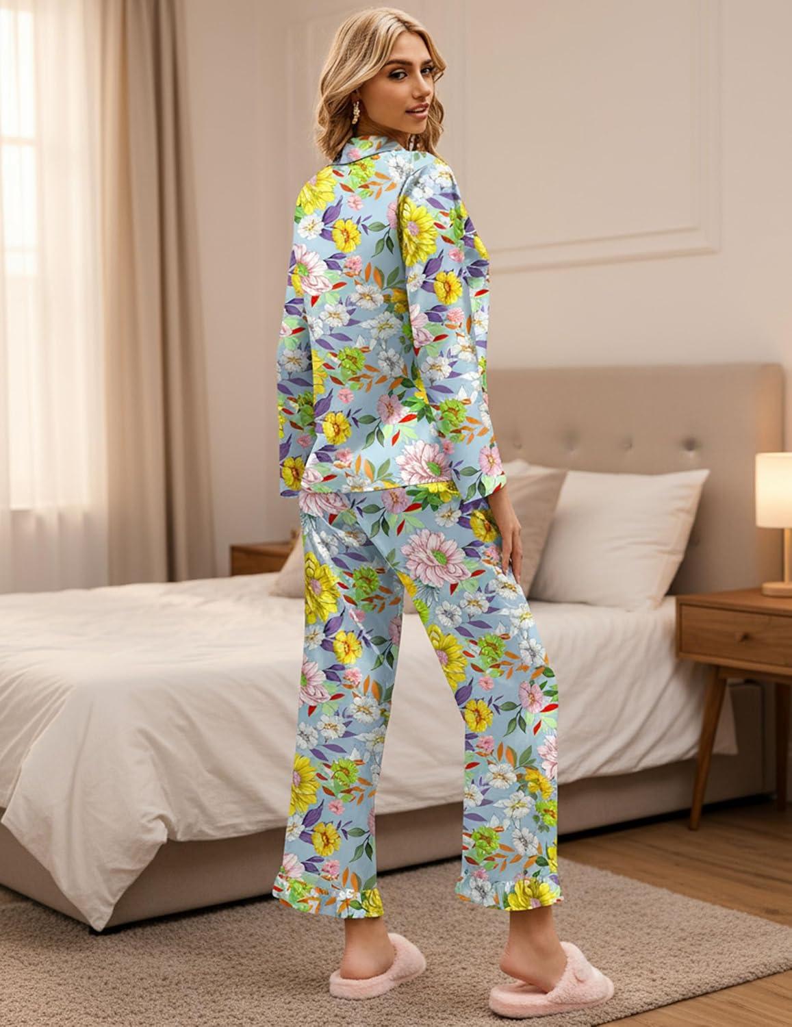 imageEkouaer Silk Satin Pajamas Set Womens Long Sleepwear Button Down 2 Piece Classic Soft Loungewear Pjs SetFloral
