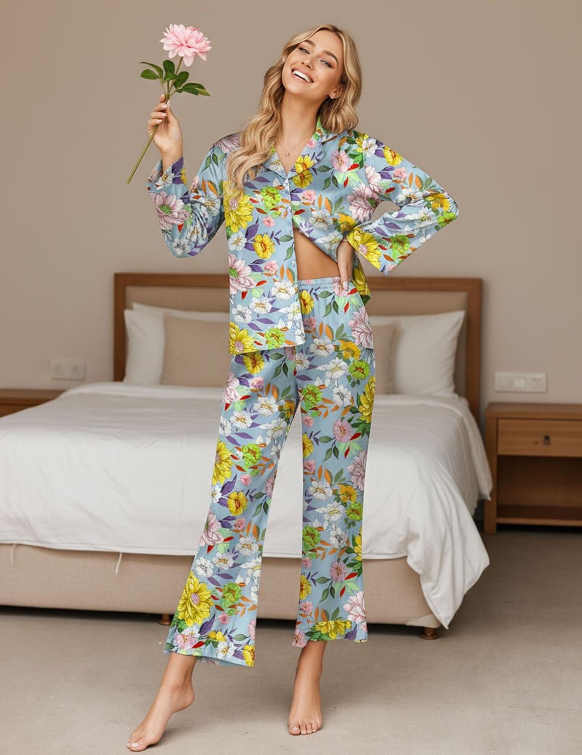 imageEkouaer Silk Satin Pajamas Set Womens Long Sleepwear Button Down 2 Piece Classic Soft Loungewear Pjs SetFloral