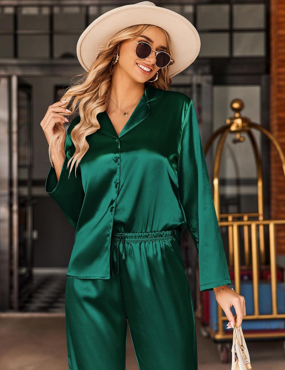 imageEkouaer Silk Satin Pajamas Set Womens Long Sleepwear Button Down 2 Piece Classic Soft Loungewear Pjs SetGreen