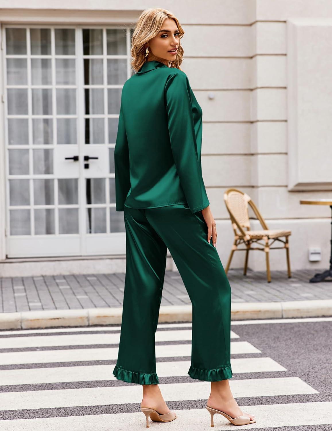 imageEkouaer Silk Satin Pajamas Set Womens Long Sleepwear Button Down 2 Piece Classic Soft Loungewear Pjs SetGreen