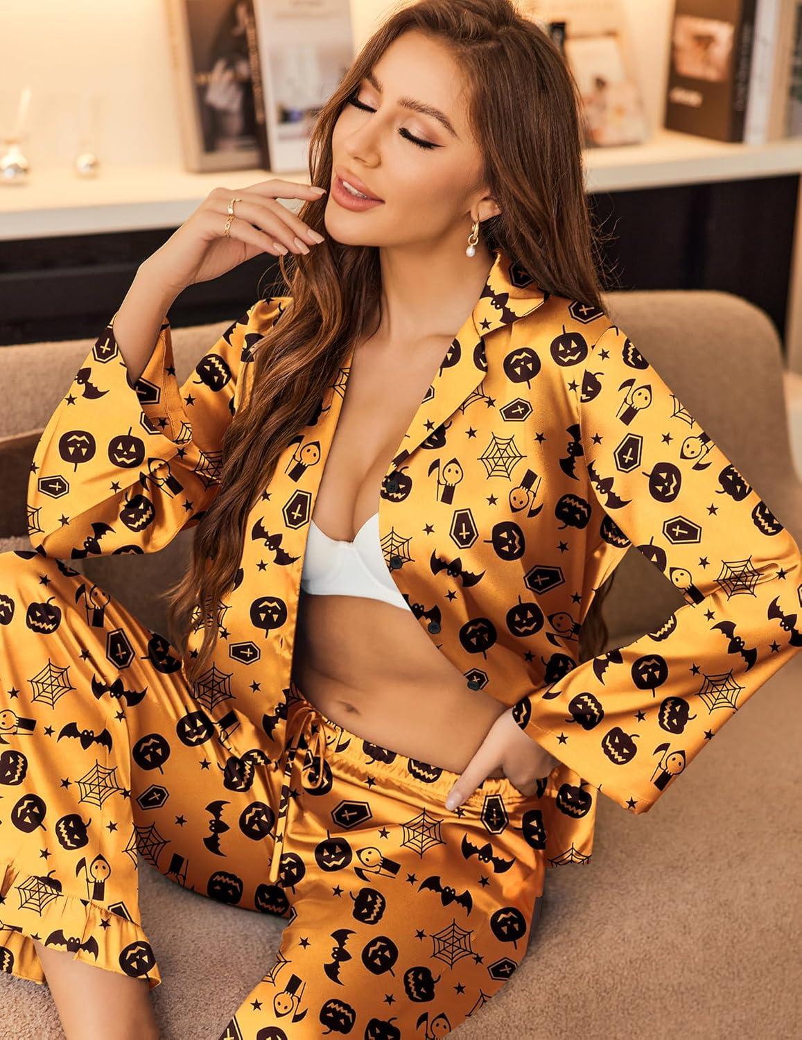 imageEkouaer Silk Satin Pajamas Set Womens Long Sleepwear Button Down 2 Piece Classic Soft Loungewear Pjs SetHalloween